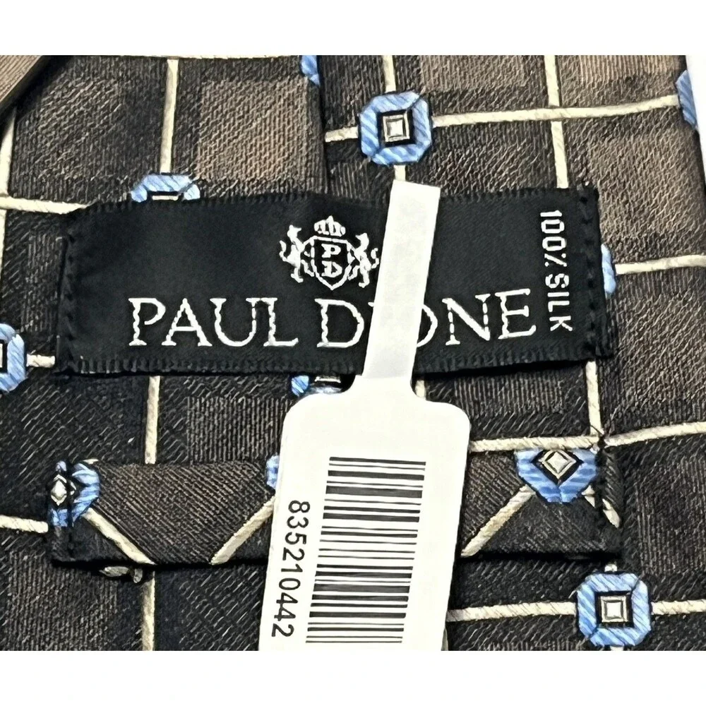Paul Dione Tie 100% Silk Necktie‎ Geometric Brown Bronze Blue Square NWT Wedding